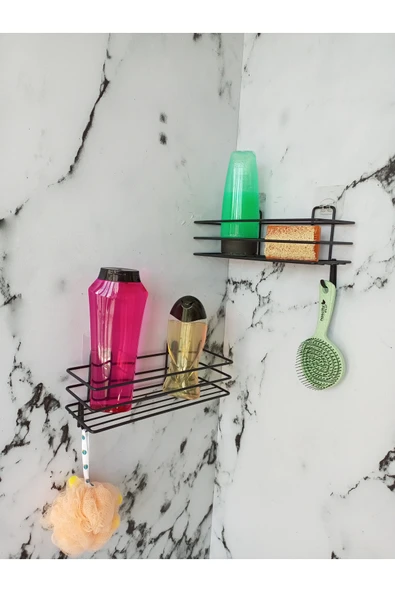 Egem Home Yapışkanlı Kancalı 2 Adet Banyo Rafı Mat Siyah Banyo Duş Rafı ürün görseli 1