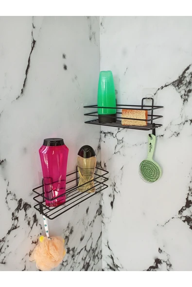 Egem Home Yapışkanlı Kancalı 2 Adet Banyo Rafı Mat Siyah Banyo Duş Rafı ürün görseli 1