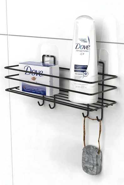 Egem Home Siyah Yapışkanlı Kancalı Banyo ve Mutfak Rafı Çok Amaçlı Tekli Raf ürün görseli 1