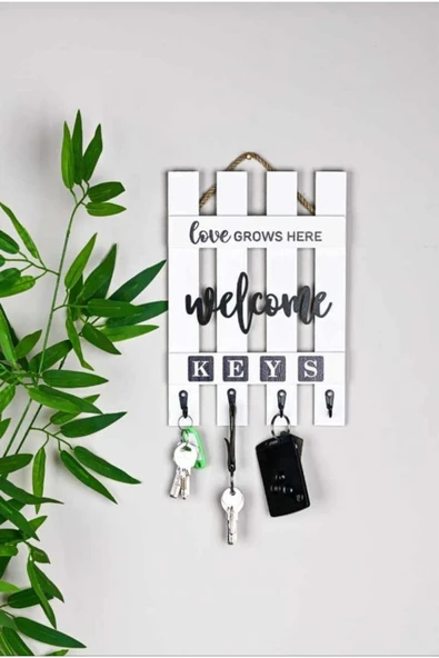 Egem Home Ahşap Dekoratif Hasır Askılı Çit Anahtarlık Beyaz 4 Askılı ürün görseli 1