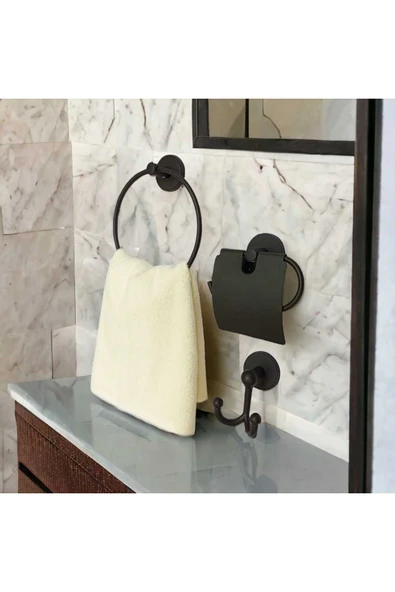 Egem Home Yapışkanlı Banyo Aksesuar Seti Yuvarlak Havluluk Kapaklı Tuvalet Kağıtlığı Bornozluk ürün görseli 1