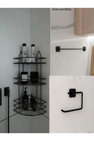 Egem Home Yapışkanlı Siyah Banyo Köşeliği 3 Katlı Köşe Rafı Uzun Havluluk ve Tuvalet Kağıtlık Set ürün görseli 1