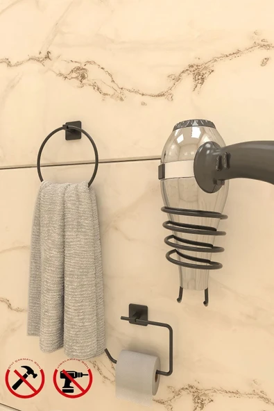 Egem Home Yapışkanlı Siyah Kare Havlu Askısı Fön Askısı ve Kare Tuvalet Kağıtlık Banyo Aksesuar Seti ürün görseli 1