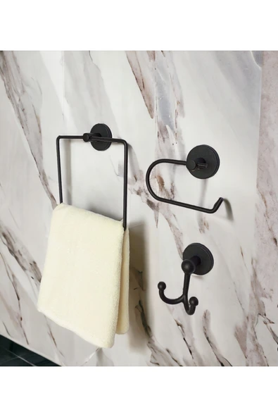 Egem Home Yapışkanlı Banyo Aksesuar Seti Siyah Kare Havluluk K.tuvalet Kağıtlığı Bornozluk ürün görseli 1