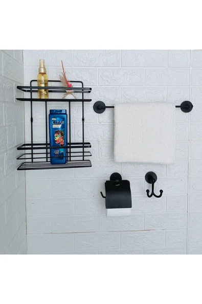 Egem Home Yapışkanlı Banyo Aksesuar Seti 2 Katlı Banyo Rafı,uzun Havluluk,tuvalet Kağıtlığı, Bornozluk ürün görseli 1