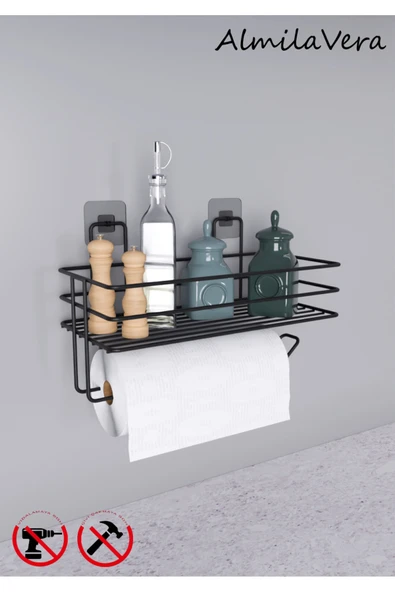 Egem Home Yapışkanlı Raflı Kağıt Rulo Havluluk Peçetelik Siyah Banyo Mutfak Düzenleyici Raf ürün görseli 1