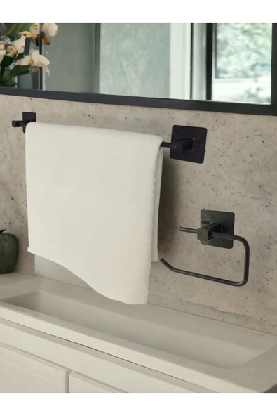 Egem Home Yapışkanlı Banyo Aksesuar Seti, Siyah, Düz Havluluk, Tuvalet Kağıtlığı ürün görseli 1