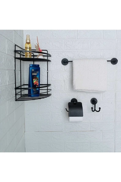 Egem Home Yapışkanlı 2 Katlı Köşelik Uzun Havluluk Kapaklı Tuvalet Kağıtlık Bornoz Askısı Seti ürün görseli 1