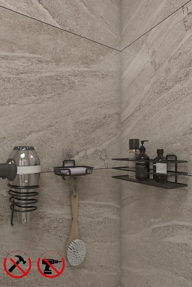 Egem Home Yapışkanlı Siyah Banyo Düzenleyici Raf Kare Fön Askısı ve Katı Sabunluk Seti ürün görseli 1