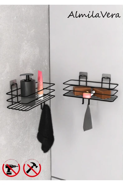 KapKacakAl Siyah Güçlü Yapışkanlı Kancalı Banyo Rafı 2 Adet. ürün görseli 1