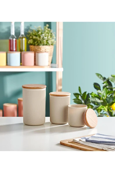 Egem Home Ahşap Vakum Kapaklı Retro 3'lü Krem Saklama Seti 0,27 LT 0,50 LT 0,85 LT ürün görseli 1