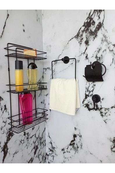 Egem Home Yapışkanlı Banyo Aksesuar Seti 3 Katlı Banyo Rafı,kare Havluluk,tuvalet Kağıtlığı, Bornozluk ürün görseli 1