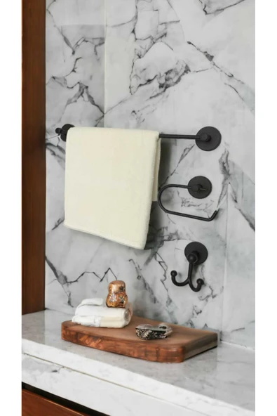 Egem Home Banyo Aksesuar Seti, Siyah, Düz Havluluk, K. Tuvalet Kağıtlığı, Bornozluk - Mat Siyah ürün görseli 1