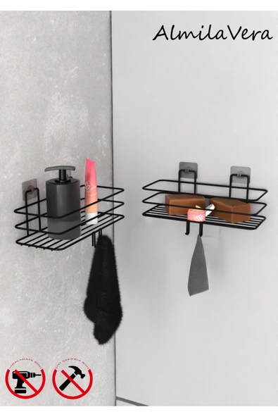 Egem Home Siyah Güçlü Yapışkanlı Kancalı Banyo Rafı 2 Adet. ürün görseli 1