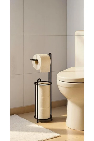 Egem Home Ayaklı Siyah Tuvalet Kağıtlığı Peçetelik Tutacağı, WC Kağıtlık Askısı Standı, 3 Yedekli Askılığı ürün görseli 1