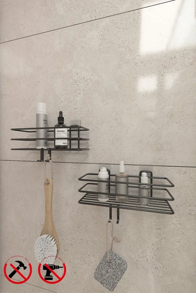 KapKacakAl Güçlü Yapışkanlı Metal Kancalı Siyah Banyo Rafı 2 adet ürün görseli 1
