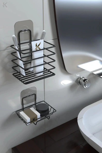 Egem Home Siyah Paslanmaz Metal Banyo Duvar Organizeri - Yapışkanlı Diş Fırçalık ve Sabunluk Seti ürün görseli 1