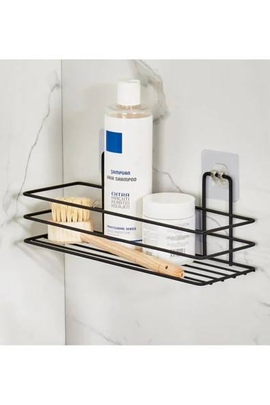Egem Home Tekli Güçlü Magic Yapışkan Askılı Dikdörtgen Banyo Rafı Mat Siyah ürün görseli 1