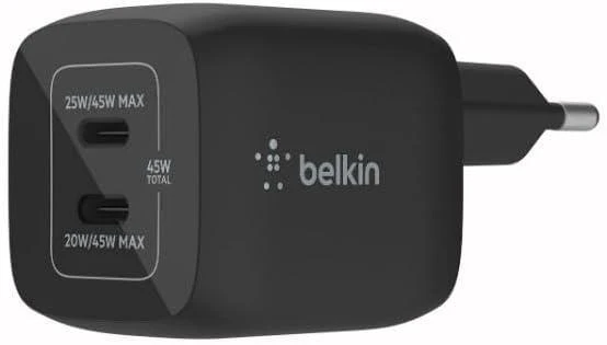 Belkin Çift Usb-C Duvar Şarj Cihazı 45W Siyah Gan Pd 3.0 Hızlı Şarj Siyah Teşhir ürün görseli 1