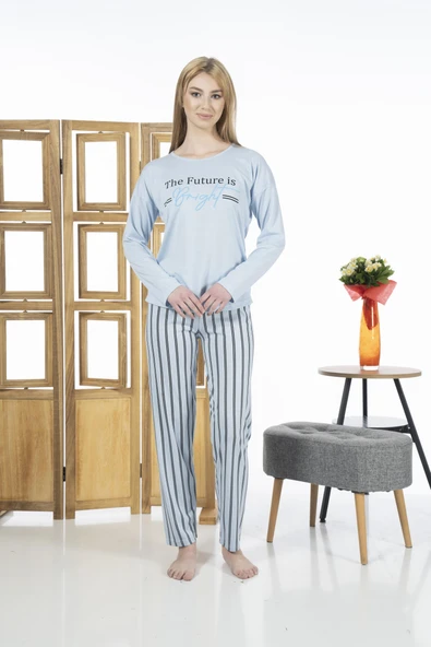 Estiva 24118 Kadın Çizgili Uzun Kollu Yazlık Viskon Pijama Takımı ürün görseli 1