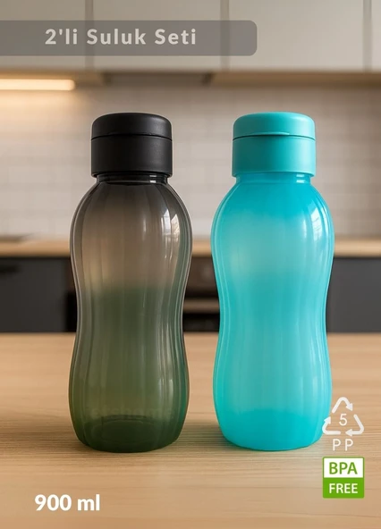 Suluk 2'li Set Su Şişesi BPA Free Okul Suluğu PP-5 Suluk Spor Okul Ofis Suluğu Siyah-Mavi 900 ml ürün görseli 1