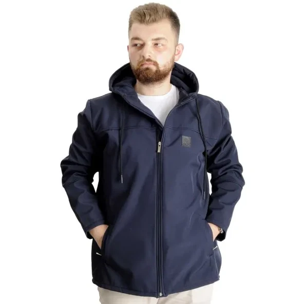 Büyük Beden Erkek Kapüşonlu Mont Waterproof Softshell 21235 Lacivert ürün görseli 1