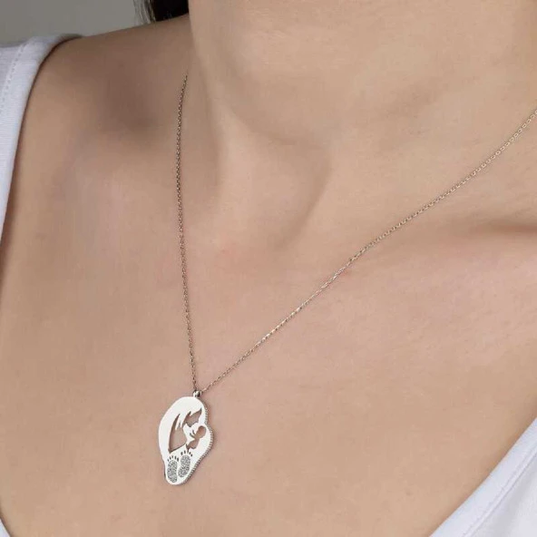 Swarovski Taşlı Gümüş Anne Bebek Bayan Kolye ürün görseli 1
