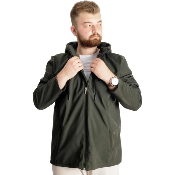 Büyük Beden Erkek Kapüşonlu Mont Waterproof Softshell 21235 Haki ürün görseli 1