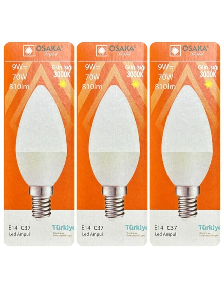 (3 Adet) Osaka 9W (70W) Sarı Işık (3000K) E14 Duylu (İnce Duy) Led Mum Ampul ürün görseli 1