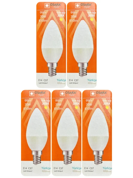 (5 Adet) Osaka 9W (70W) Sarı Işık (3000K) E14 Duylu (İnce Duy) Led Mum Ampul ürün görseli 1