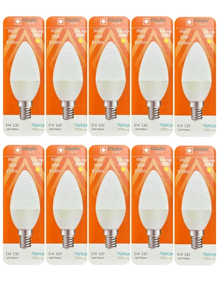 (10 Adet) Osaka 9W (70W) Sarı Işık (3000K) E14 Duylu (İnce Duy) Led Mum Ampul ürün görseli 1