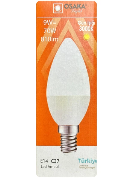 (1 Adet) Osaka 9W (70W) Sarı Işık (3000K) E14 Duylu (İnce Duy) Led Mum Ampul ürün görseli 1