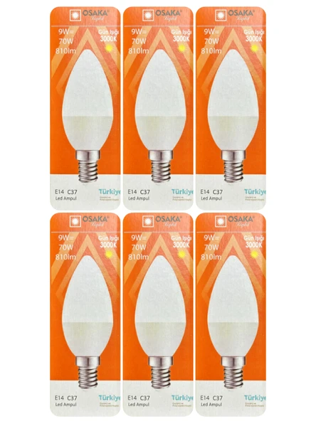 (6 Adet) Osaka 9W (70W) Sarı Işık (3000K) E14 Duylu (İnce Duy) Led Mum Ampul ürün görseli 1