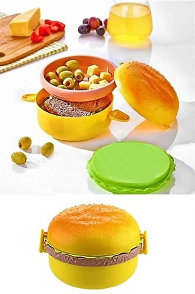 Hamburger Şeklinde Beslenme Kutusu Yemek Kuruyemiş Saklama Kabı Okul Menü Çocuk Çantası Sefer Tası ürün görseli 1