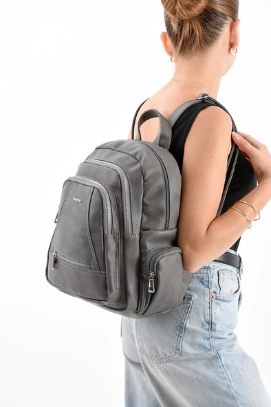 Suni Deri Kadın Sırt Çantası 35*25 Cm Mega Bag Günlük Kullanıma Uygun Çok Cepli İçi Astarlı ürün görseli 1