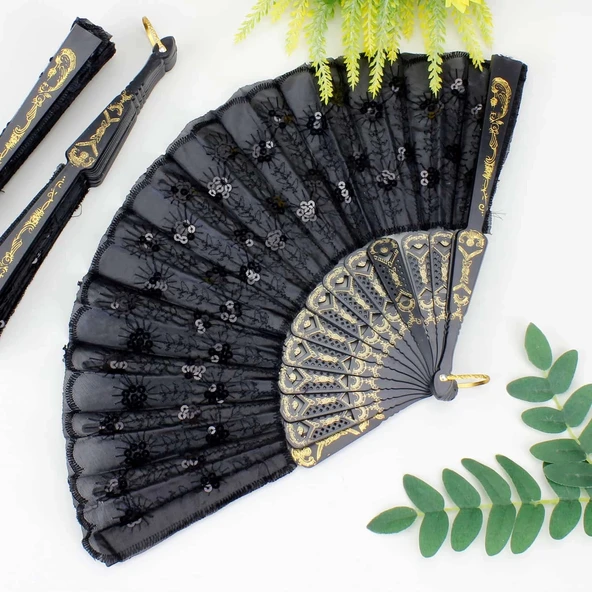Plastik Pullu Kumaş Yelpaze 12'li Siyah ürün görseli 1