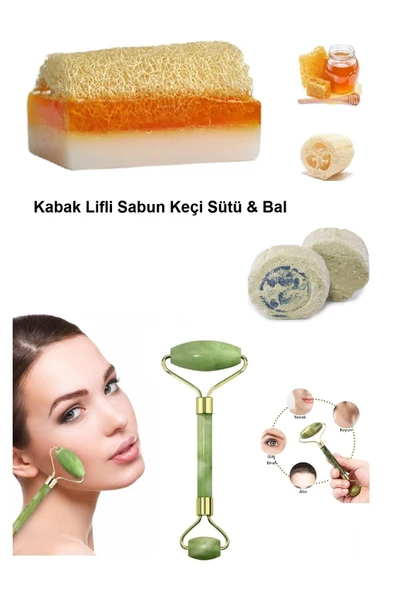 3'lü Doğal Set Kabak Lifli Keçi Sütlü Ballı Sabun Peeling Sivilce Leke Ruşur Taşı Yüz Masaj Aleti ürün görseli 1