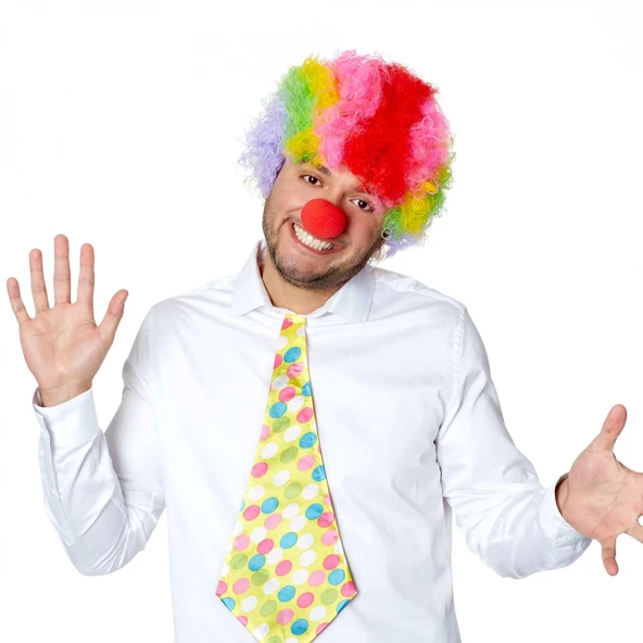 Rengarenk Kıvırcık Afro Bonus Peruk Ve Kırmızı Burun Seti ürün görseli 1