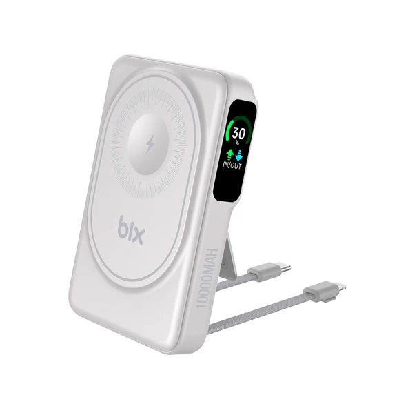 Bix TPB16 10000 mAh Hızlı Şarj MagSafe 6 sı 1 Arada OLED Ekranlı Kablosuz Powerbank Beyaz ürün görseli 1