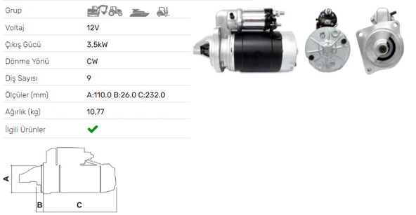 LUCAS-61924095 Adı: MARS MOTORU 12V 3.5 KW 9 DIS 2M113 TURK TRAKTOR ürün görseli 1