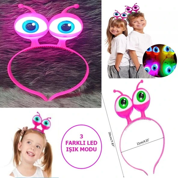 Led Işıklı  Pilli 3 Farklı Modda Yanan Uzaylı Göz Parti Tacı Pembe Renk 18x12 Cm ürün görseli 1