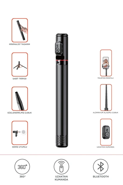 C10 Çok Amaçlı Tripod Kumandalı Selfie Çubuğu 183 Cm Siyah ürün görseli 1