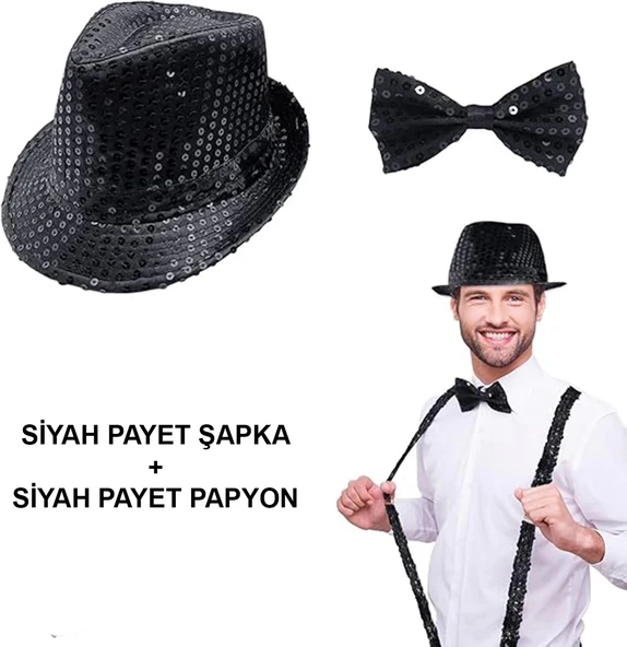 Siyah Payetli Şapka Ve Papyon Seti – Parıltılı Yetişkin Kostüm Seti ürün görseli 1