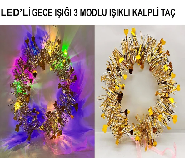 Kalp Püsküllü Gece Parıltısı 3 Modlu Led39li Işıklı Taç Altın Renk ürün görseli 1