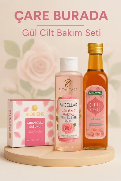 Gül Cilt Bakım Seti (Gül Sirkesi & Yaban Gülü Sabunu & Gül Özlü Makyaj Temizleme Suyu) ürün görseli 1