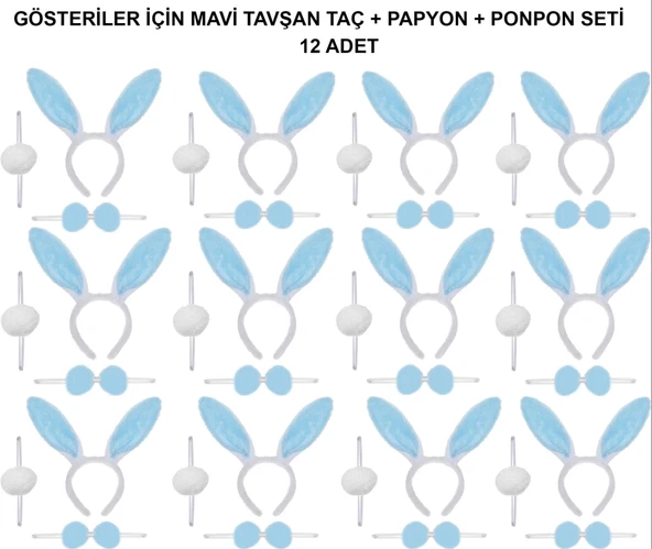 Mavi Tavşan Kostüm Seti – Taç, Papyon, Ponpon (12’li Paket) ürün görseli 1