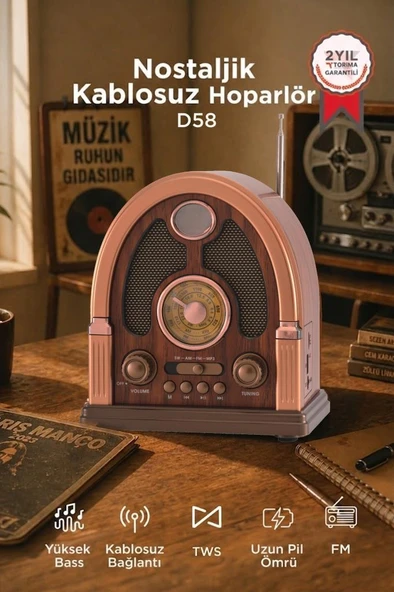 Bluetooth Hoparlör Nostaljik Radyo Kablosuz Speaker D58 Kahverengi ürün görseli 1