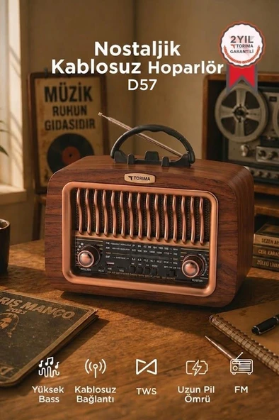 Bluetooth Hoparlör Nostaljik Radyo Kablosuz Speaker D57 Ahşap ürün görseli 1