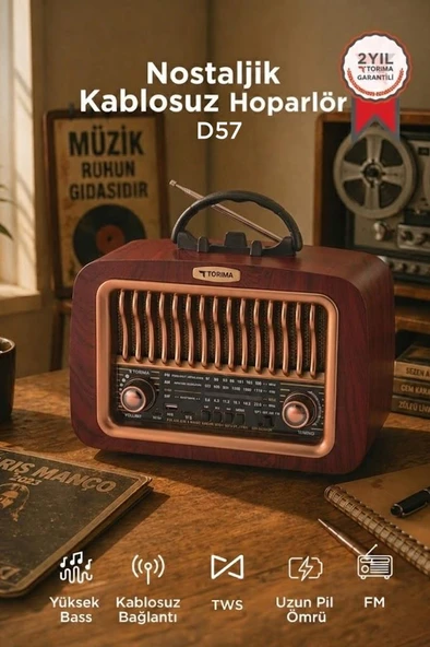 Bluetooth Hoparlör Nostaljik Radyo Kablosuz Speaker D57 Kahverengi ürün görseli 1
