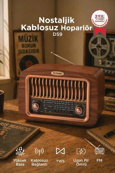 Bluetooth Hoparlör Nostaljik Radyo Kablosuz Speaker D59 Ahşap ürün görseli 1